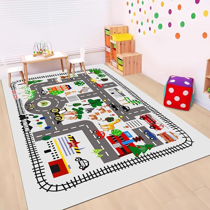 5x7ft Kids Town Road Play Rug - Car Playmat, Kids Rugs for Playroom Car Mat Town City Road Traffic Rugs, Extra Large Boys Kid Cars Track Play Rug (Style Five, 78.7X 59 INCH)
