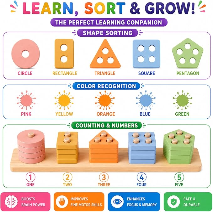 VYN & VYN Montessori Toys for 3+ Year Old Boys Girls, 2-in-1 Wooden Shape Sorter & 58 Flash Cards, Stacking and Sorting Toy, Color & Shape Matching Learning Puzzle, Educational Toy for Toddlers