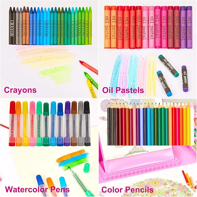 KINSPORY Art Supplies, 290 Pack Art Sets Crafts Drawing Coloring kit, Double-Side Trifold Easel, Oil Pastels, Crayons, Colored Pencils, Creative Gift for Beginners Artists Girls Boys Kids (Pink)