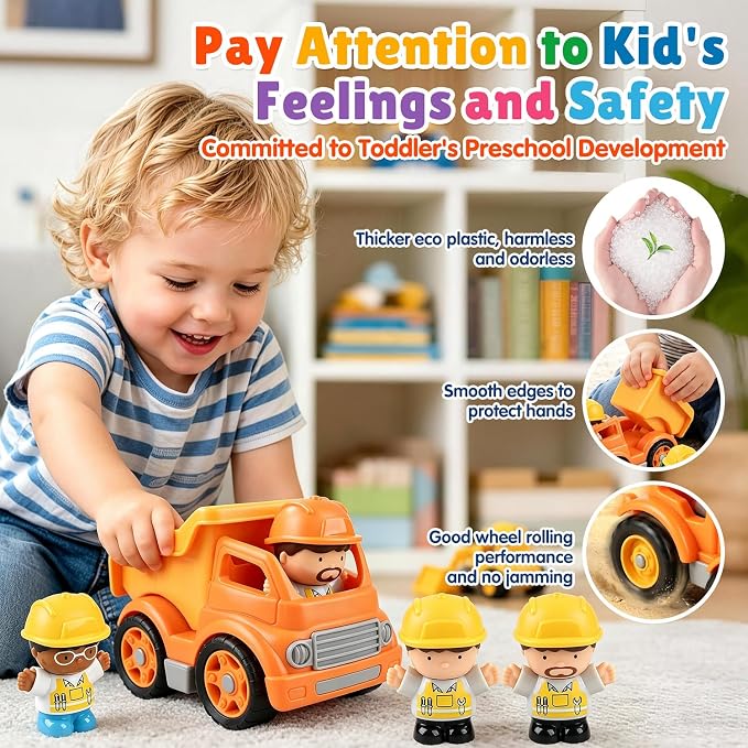 PLAY Recyclable 4 Pcs Construction Truck Toys with 4 Figures for Kids Ages 2 3 4 5 – Dump Truck Vehicle Toy Set, Non-Toxic Toy Car Gift for Toddler Boys and Girls