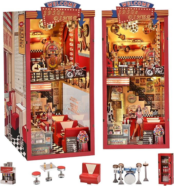 fifijoy Book Nook Kit - DIY Miniature House Kit for Adults, Retro 1950s Diner Tiny House Building Kit with LED, Dollhouse Kit Bookshelf Insert Decor Gifts of Family and Friends (1950s Diner)