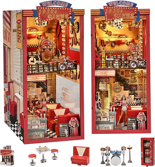 fifijoy Book Nook Kit - DIY Miniature House Kit for Adults, Retro 1950s Diner Tiny House Building Kit with LED, Dollhouse Kit Bookshelf Insert Decor Gifts of Family and Friends (1950s Diner)