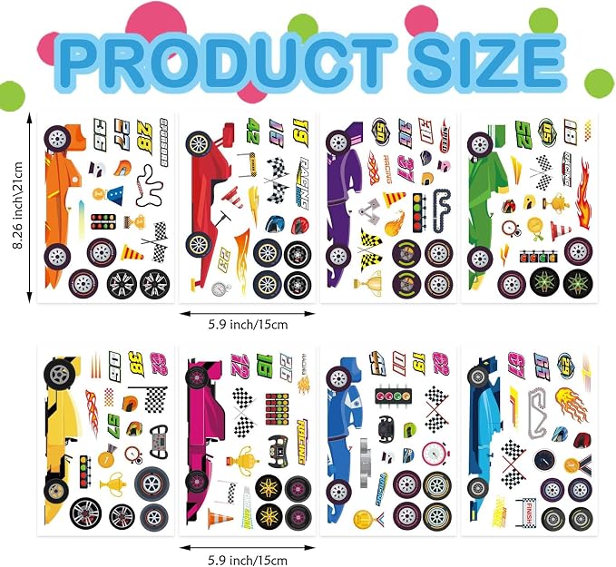 24 Sheets Car Stickers for Kids, DIY Race Car Sticker | Make Your Own Stickers, Race Party Favors, Birthday Party Decorations