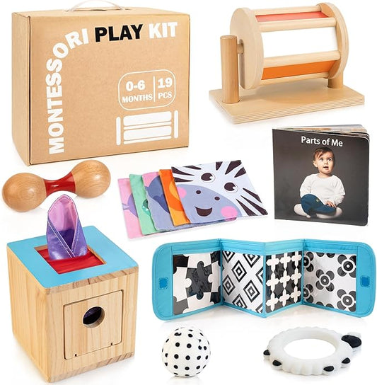 WOODMAM Montessori Toys for Babies 0-6 Months, 9 in 1 Learning Educational Baby Gifts for Newborn 0-3-6 Months, Includes High Contrast Cards, Baby Tissue Box Toy, Spinning Drum, Teether and More