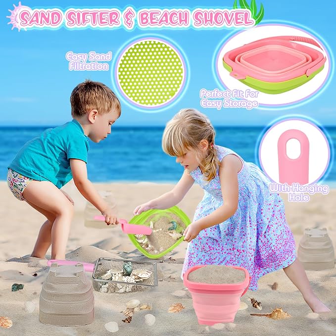 Beach Shell Collecting Set, Sand Toys with Collapsible Bucket, Shark Tooth Sifter, Sand Sifter, Mesh Bag, Outdoor Exploration Tools & Treasure Hunt Toys for Kids, Family Beach Vacation Essentials