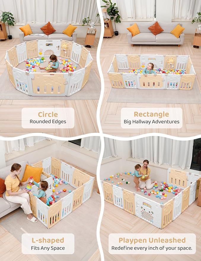 Dripex Baby Playpen, 14-Panel Foldable Playard for Toddlers 6-36 Months, Adjustable & Portable Indoor Outdoor Safety Play Area with Anti-Pinch Design, Game Panel and Safety Gate, Yellow White