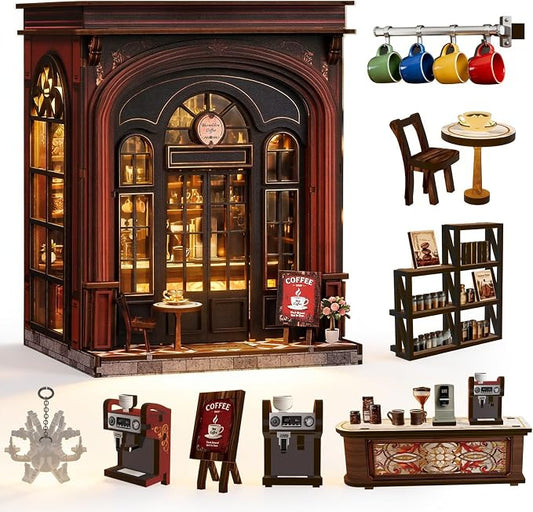 DIY Book Nook Kit, 3D Wooden Puzzle Miniature House with LED Light, Dollhouse Bookshelf Insert, Tiny House Model Building Kit, Unique Creative Gift for Adults and Teens (Warmglow Coffee)