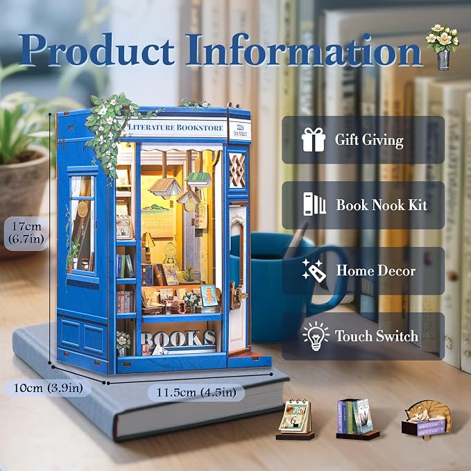 Fsolis Book Nook Kit - 3D Wooden Puzzles for Adults | DIY Miniature House Kit Tiny House Mini Booknook Bookshop Gifts for Women Teenagers (Literature Bookstore)