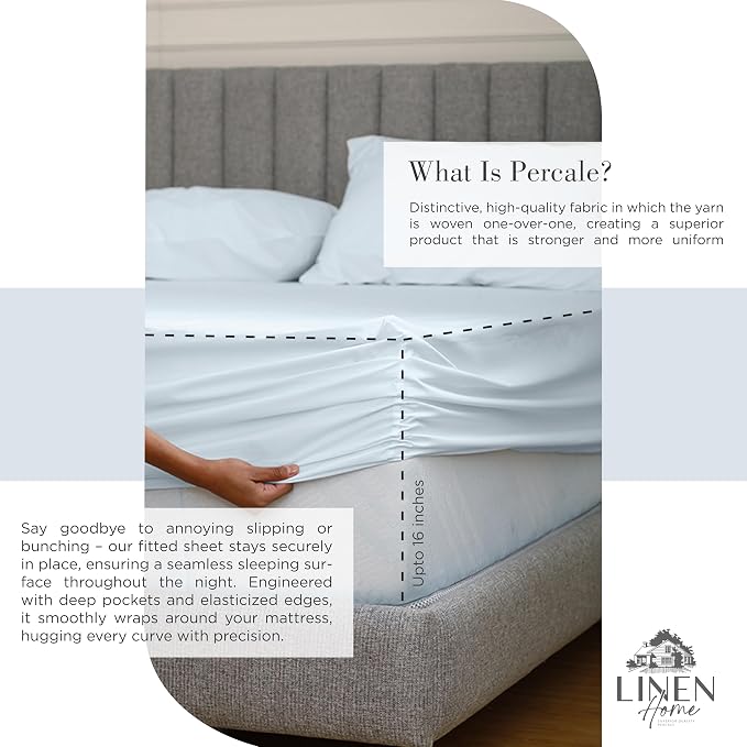 Linen Home 100% Cotton Percale Sheets Twin Size, Blue Duck Egg, Deep Pocket, 3 Pieces Set- 1 Flat, 1 Fitted and 1 Pillowcase, Crisp Cool and Long Staple Strong Bed Linen