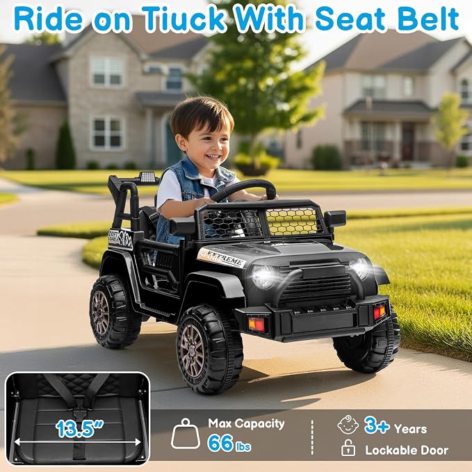 Winado 12V Electric Car for Kids, Ride on Truck for Toddlers with Remote Control, Battery Powered Kids Electric Vehicle to Drive w/Bluetooth, Soft Start, LED Lights - Black