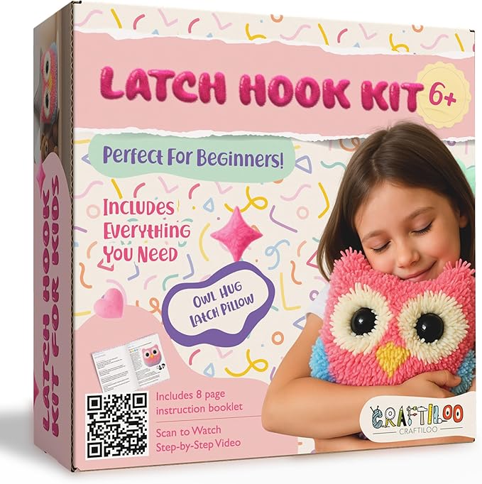 CRAFTILOO Latch Hook Kit for Kids Rug DIY Pillow Craft with Hook, Precut Yarn, Easy to Follow Pattern Cute Designs with Wise Owl Ages 6+