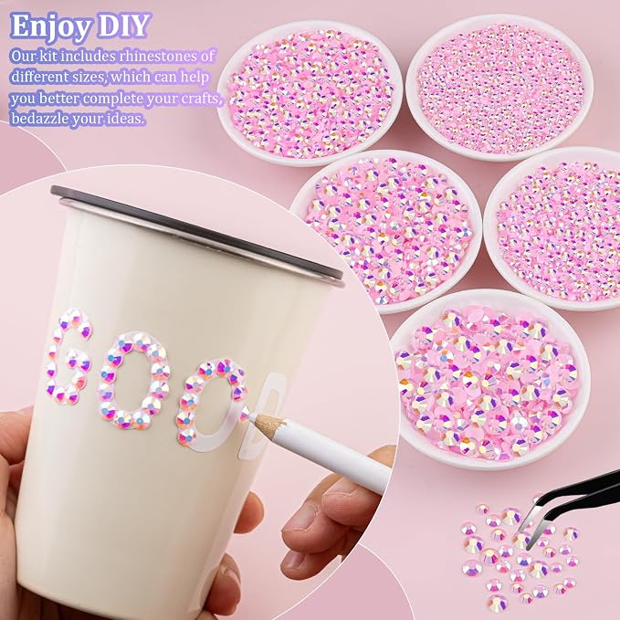 30000Pcs Resin Rhinestones for Bedazzling with Tweezers, Light Pink AB Rhinestones for Crafting with 3Pcs 10ml B7000 Jewelry Glue for DIY Crafts Clothing Tumblers Shoes Fabric Nail Art