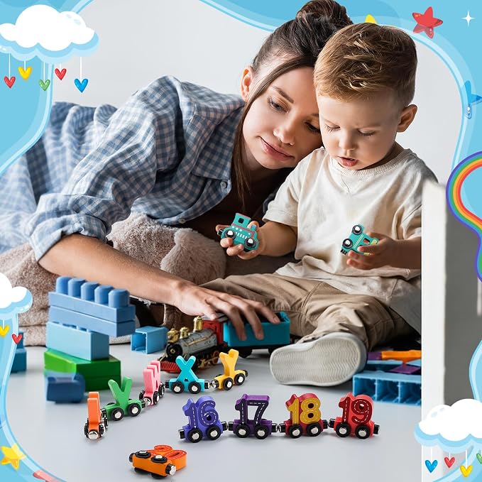 2 Sets/55 Pcs Magnetic Alphabet Number Train Set Montessori Toys for Toddlers Wooden Alphabet Number Preschool Learning Activities Educational Sensory Easter Basket Stuffers Birthday Gifts