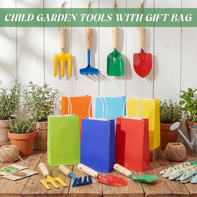 30 Pcs Kids Beach Sand Toy Gardening Tools Bulk Set Include Kids Beach Shovel Rake Fork Trowel and Gift Bags Metal Planting Tools with Wooden Handle for Planting Loosening Digging Outdoor