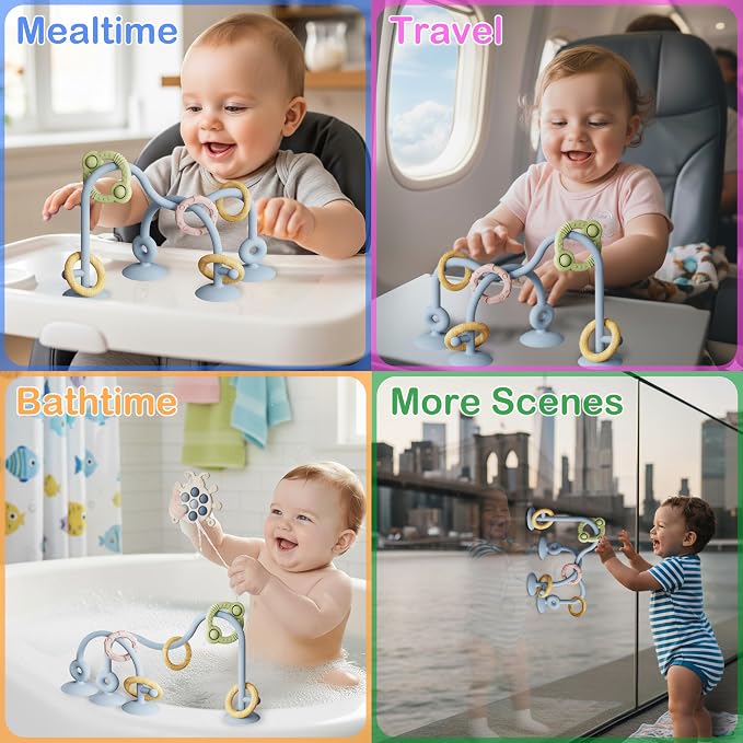 Baby Montessori Toy, High Chair Suction Cup Toy and Teething toy Set - Table Toy & Pop-it Fidget Teether for 6+ Months 1 2 3 Years, BPA Free Silicone Sensory Toys for Baby & Toddler (Skyblue)