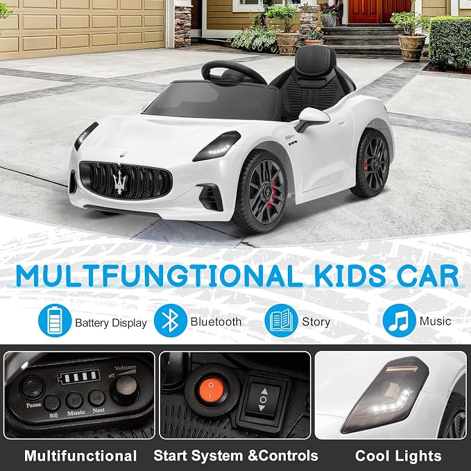 Winado 12V Ride on Car, Licensed Maserati Electric Car for Toddlers W/Remote Control, Battery Car for Kids with Bluetooth, 3 Speeds, LED & Rear Lights, Music & Horn (White)