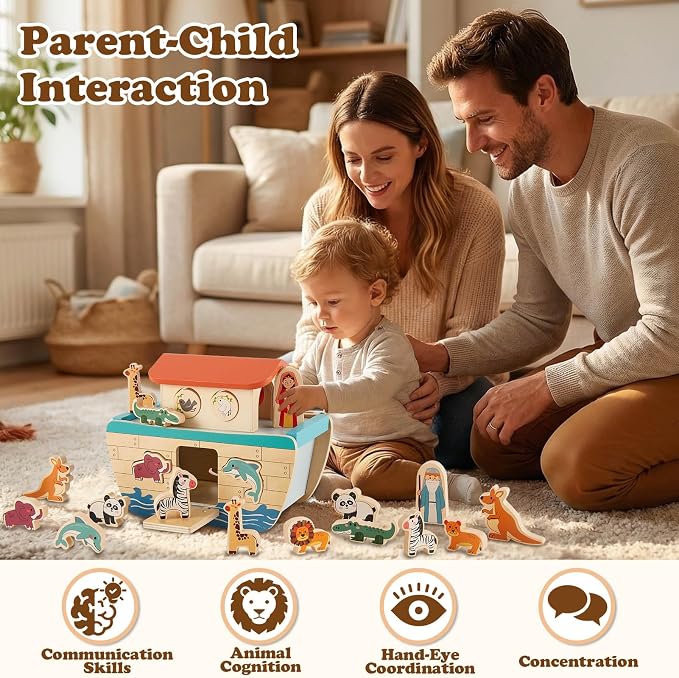 HERSITY Wooden Noah's Ark Toy for Montessori Learning 1 Year Old Baby Boy and Girl, Baptism Gift Wooden Animal Shape Sorter First Birthday Presents for Toddlers 1-3