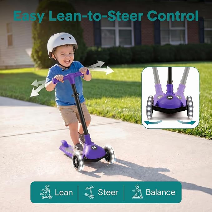 SereneLife Toddler Scooter, Adjustable Micro Scooter for Ages 2-5, Lightweight Kids 3 Wheel Design with LED Light-Up Wheels, Anti-Slip Deck & Lean-to-Steer Control, Indoor/Outdoor Use (Purple)