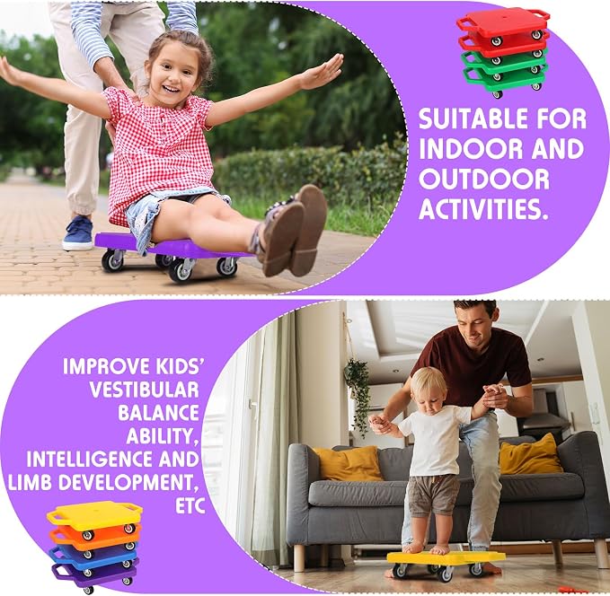 Jerify 6 Pcs Sports Scooter Board Bulk for Kids Gym Scooters Board with Handles Plastic Casters Sitting Flat for Children Gym Indoor Outdoor Activities Play Equipment(Square Handle Mixed Color)