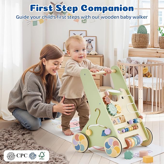Wooden Baby Push Walker, Montessori Activity Walker for Babies 12-18 Months | Adjustable-speed wooden baby push walker with Montessori activities, storage box, and safe rubber wheels.
