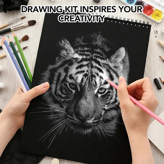 Drawing Sketchbook Kit, Sketch Book with 36 Color Pencils, Three Color Black Sketch Pad, Acid-Free Drawing Pad for Artist, Art Paper Painting Supplies for Gifts (9×12 inch)