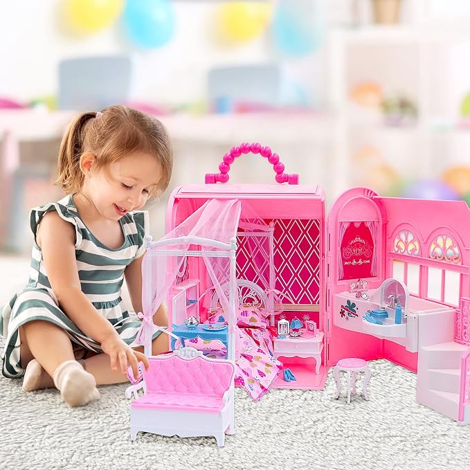 deAO Doll Houses Portable Backpack for Girls Toy House Baby Dollhouse Bedroom Furniture for 3 to 8 Years Olds Toddler Kids…