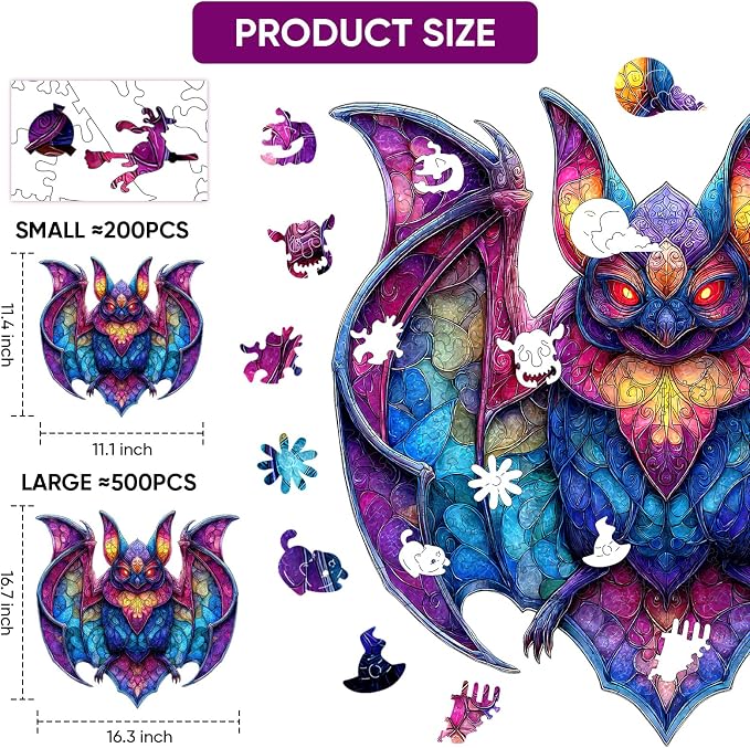 MEATRN Wooden Puzzles for Adults and Kids - Stained Glass Bat Wood Jigsaw Puzzle, Mystical Nocturnal Creature, Relaxing Family Game, Festival Decorative Gift, 503 Pcs, 16.7x16.3 in