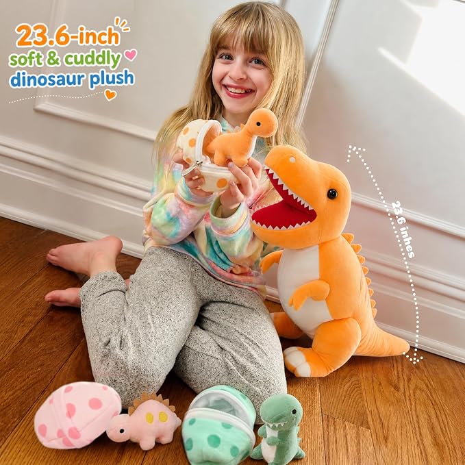 MorisMos Dinosaur Stuffed Animal with Babies,23.6'' Big Mommy Stuffed Dino T Rex with 3 Baby Dino Stuffed Toys & 3 Eggs Plush Inside Belly, Boy Girl Dinosaur Toys for Kid 3-5,Orange T Rex Toys Gift