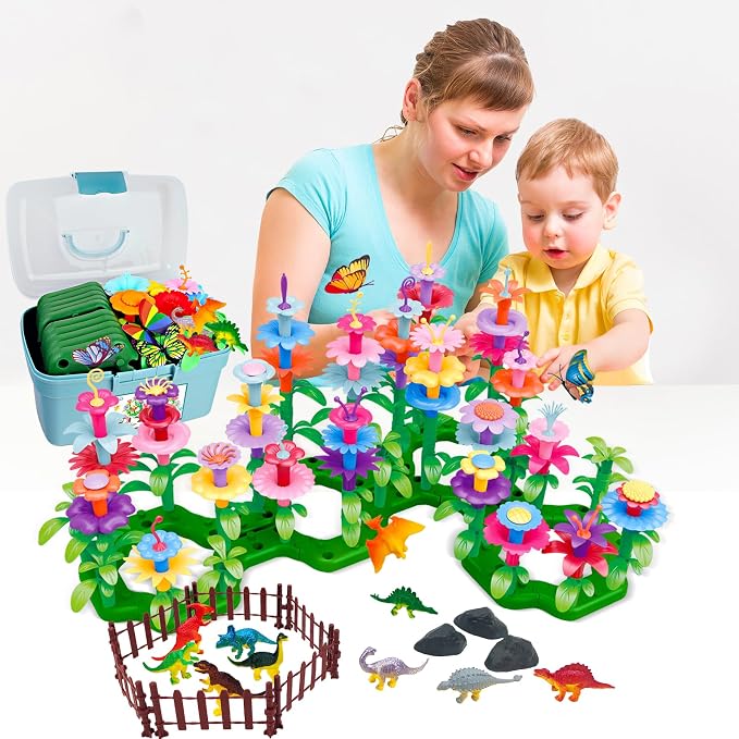 Toys Gifts for Toddlers Boys Girls Age 2 3 4 5 6, 167 PCS Dinosaur Flower Garden Building Blocks, STEM Fine Motor Skill Stacking Games, First 1st Birthday Gifts for Preschool Kids 2+ Years Old