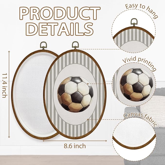 WULQYING Soccer Sports Nursery Wall Art Decor, Boys Room Oval Framed Canvas Art Prints, Neutral Striped Sport Lover Gift Wall Hanging Decor for Kids Nursery Room Playroom, 8.5x11.3 Inches