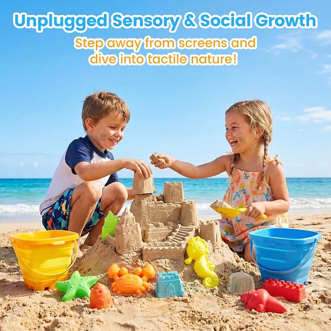 LovesTown Collapsible Beach Toys for Kids, Collapsible Sand Bucket and Shovels Set with Mesh Bag & Sand Molds, Beach Vacation Essentials, 19PCS