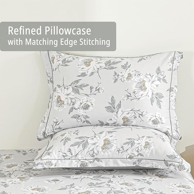 LEMIROE Floral Cotton Comforter King Size - Light Grey Comforter Printed with Vintage Ivory Flowers & Dark Yellow Stamens,Reversible Lightweight Bedding Sets 3Pcs(104"×90")