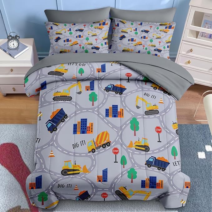 Nesker 7 Pcs Comforter Set Queen Size, Construction Vehicles Car Bedding for Kids Teen, Town Tree Truck with Fitted Sheet 2 Pillowcases & 2 Shams for Bedroom Bed Decor