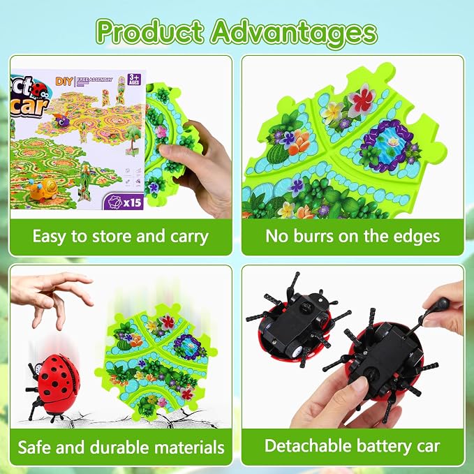 15Pcs Puzzle Racer Kids Car Track Set for Kids, Race Tracks for Toddlers Ages 3-8, Puzzle Track Car Play Set, Educational Puzzles Cars Toys Gifts for 3 4 5 6 7 Year Old Boys (Snail Ladybug)