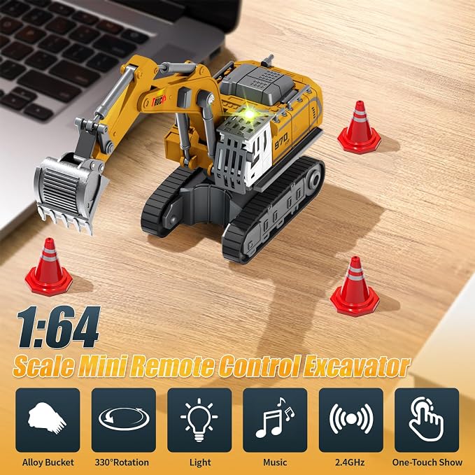 1:64 Remote Control Mini Excavator Toy, 2.4GHz RC Excavator with 11-Channels, 330° Rotation, Type-C Charging, LED Light & Music, Includes 4 Road Barriers, Construction Vehicle Gift for Kids & Adults