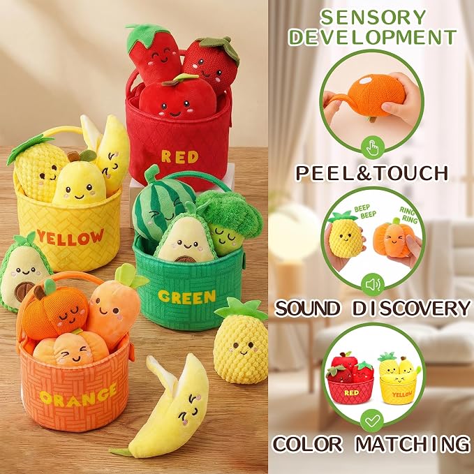 Montessori Baby Sensory Toys 6-12 Months - 16PCS Soft Plush Fruits & Vegetables Basket with Crinkle, Rattle & Color Sorting, Fine Motor Skills Learning Toy for 1 Year Old Toddlers Boys Girls