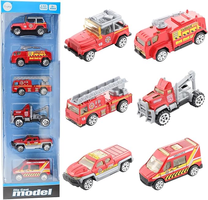 BenRich 6Pcs Mini Die Cast Car 1/64 Scale Alloy Fire Truck Vehicle Metal Model Toy Set, Ladder, Water Tower Truck, Ambulance, Transport, Patrol Car, Model Toys for Kid Boys Girls Birthday Xmas Present