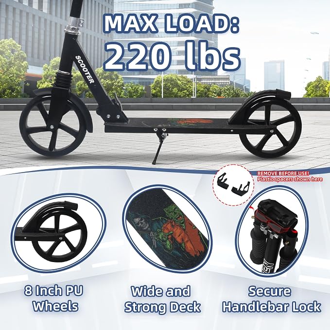 Nattork Kick Scooter for Kids 6+ Years Teens Adults - 220LB Weight Capacity, Front Shock Absorber and Adjustable Handlebar - Smooth Ride with 8" Sturdy Wheels, Ideal for Outdoor Sports