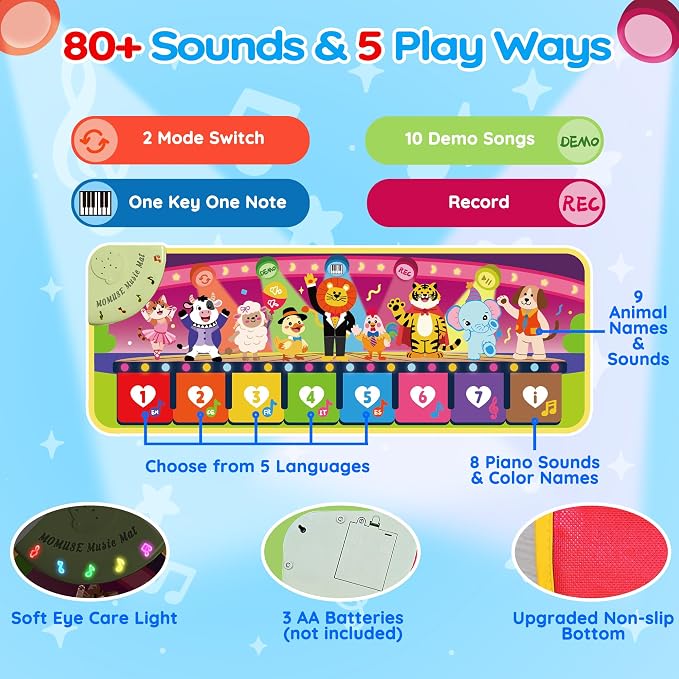 MOMUSE Music Piano Mat 5-Language (EN/DE/FR/IT/ES) for 3 4 Year Old Boys Girls, Multilingual Education Baby Toy with 9 Animals & Recording, Portable Toddler Infant Kids 3+ Christmas Birthday Gifts