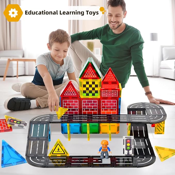 Aukit Magnetic Tiles Road Expansion Pack, Magnetic Building Blocks Construction Toys for 3+Year Old Boys Girls, Kids Toy Montessori Toys for Toddler.