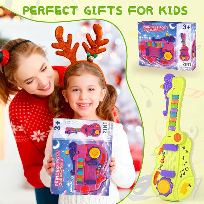 M SANMERSEN 3-in-1 Toddler Guitar Toys for Kids with Piano Drum, Electric Musical Toy with Strap Light Up 3 4 5 Year Old Boys Girls Gifts