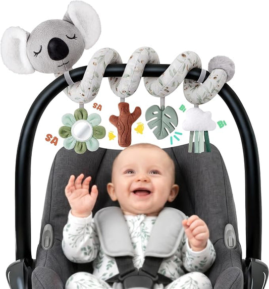 Stuffed Aesthetic Koala Spiral Car Seat Toys for Babies, Gender Neutral Infant Stroller Toy with Teether Hanging, Baby Registry Search Must Haves 0-6 Months