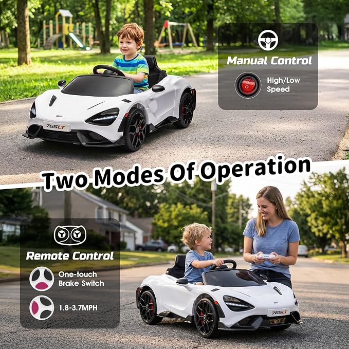 Kids Ride-on Car Licensed McLaren765LT for 3-6Years Old, Electric car 12V Battery Powered Electric Vehicle, w/Parent Remote, Music Player, LED Lights, Smooth Start, 3 Speeds, (White)