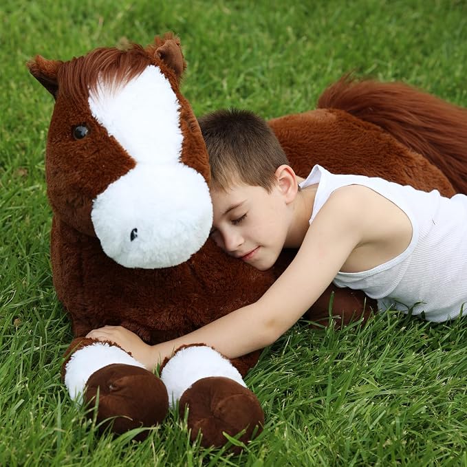 Tezituor 47 Inch Giant Horse Stuffed Animal, 4ft Large Chocolate Brown Pony Plush Toy, Realistic Farm Horse Plush Body Pillow Decor Birthday for Kids Girls Boys Horse Lovers