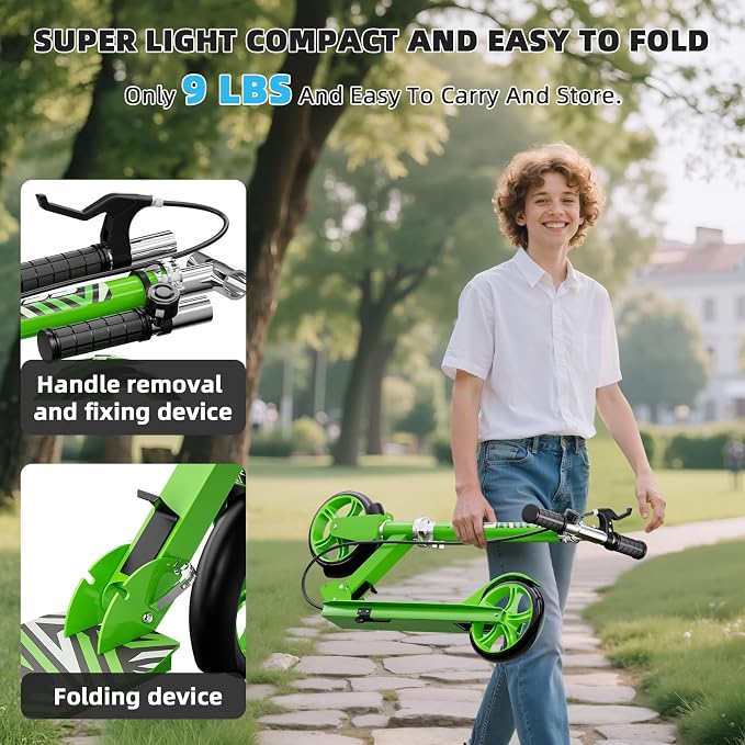 Scooters for Kids 8-12, Teens & Adults - Lightweight, Foldable, 8-Inch Big Wheels, Hand Brake & Bell, 4 Adjustable Height Levels, 240 lbs Max Load, Perfect for School, Campus and Park Rides