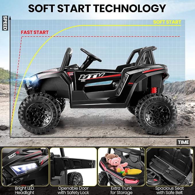 Hikole 24Volt Ride on Toys for Big Kids 2 Seater, 4WD UTV Kids, Ride On Cars for Boys&Girls with Parent Remote, Shock Absorption, Wide Seat for 2 Persons, Dashboard/Music/Horn/Bluetooth/LED, Black