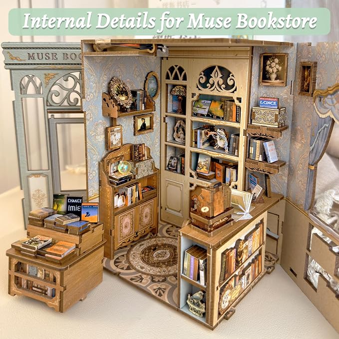 Fsolis Book Nook Kit - 3D Wooden Puzzles for Adults (Muse Bookstore) | DIY Miniature House Kit Bookshelf Decor Gifts for Women Puzzle Lovers