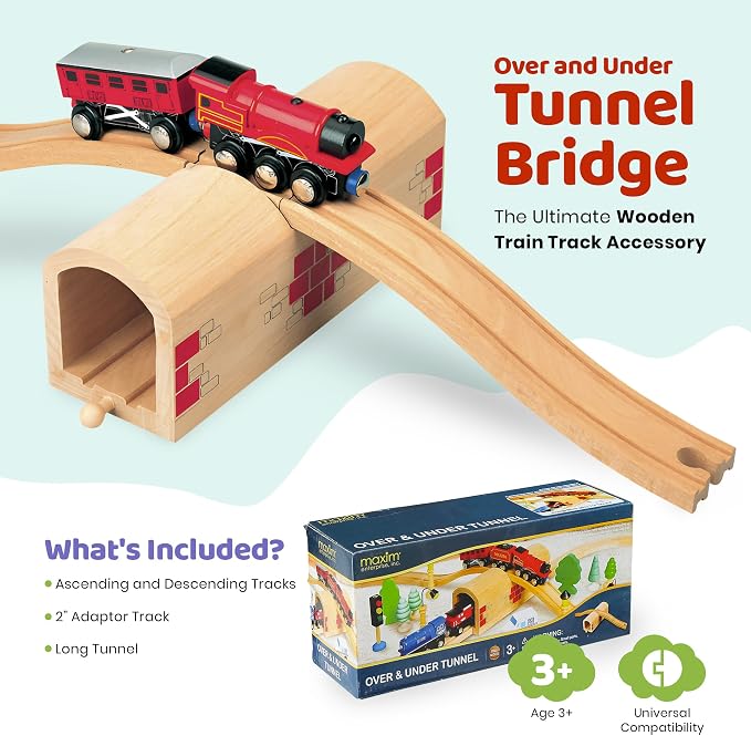 maxim enterprise, inc. Wooden Train Track Over & Under Tunnel Bridge & Easy-Connect Railway, Hardwood Train Set Compatible with Thomas and Friends, BRIO, Major Brand Wooden Train Sets and Accessories