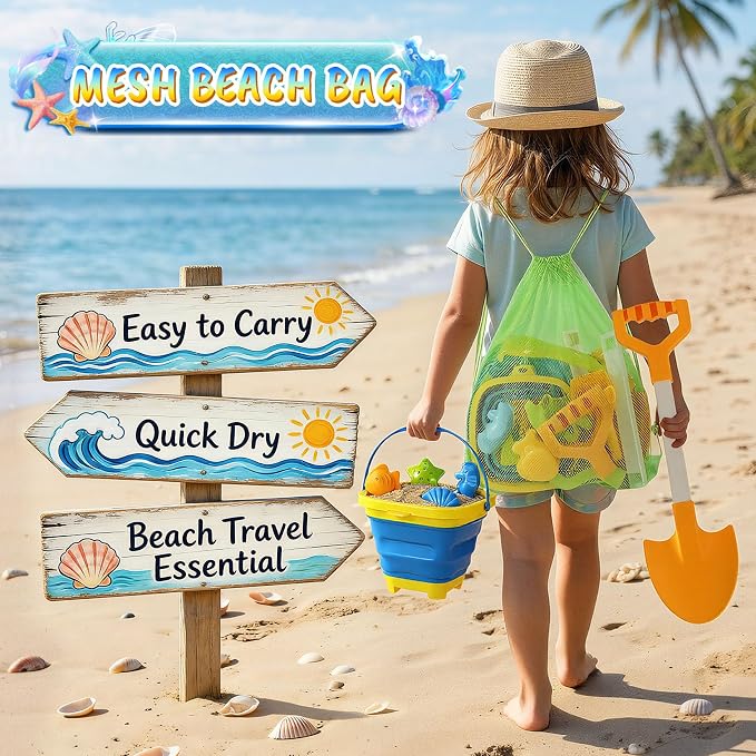 HUITEM Beach Sand Toys for Kids with 20 in Long Beach Shovels, 2 Collapsible Bucket, Sand Castle Building Kit, Sand Molds, Mesh Bag, Travel Sandbox Toys Beach Essentials for Kids Age 3-10