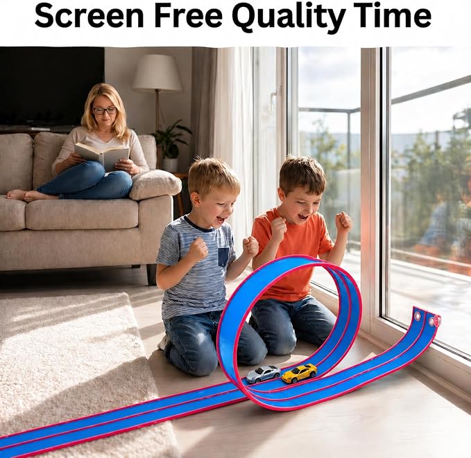 Flexible Race Track for Kids – Friendly Racing Competition, Double-Sided 1 & 2 Lane Track, Red - Blue Track, Roll-Up Design with Anchors, Build, Race & Win Fun, (No Cars Included)